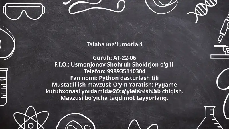 O'yin Yaratish: Pygame kutubxonasi yordamida 2D o'yinlar ishlab chiqish
