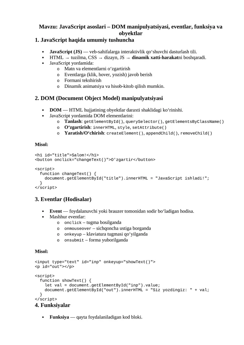 JavaScript asoslari – DOM manipulyatsiyasi, eventlar, funksiya va obyektlar
