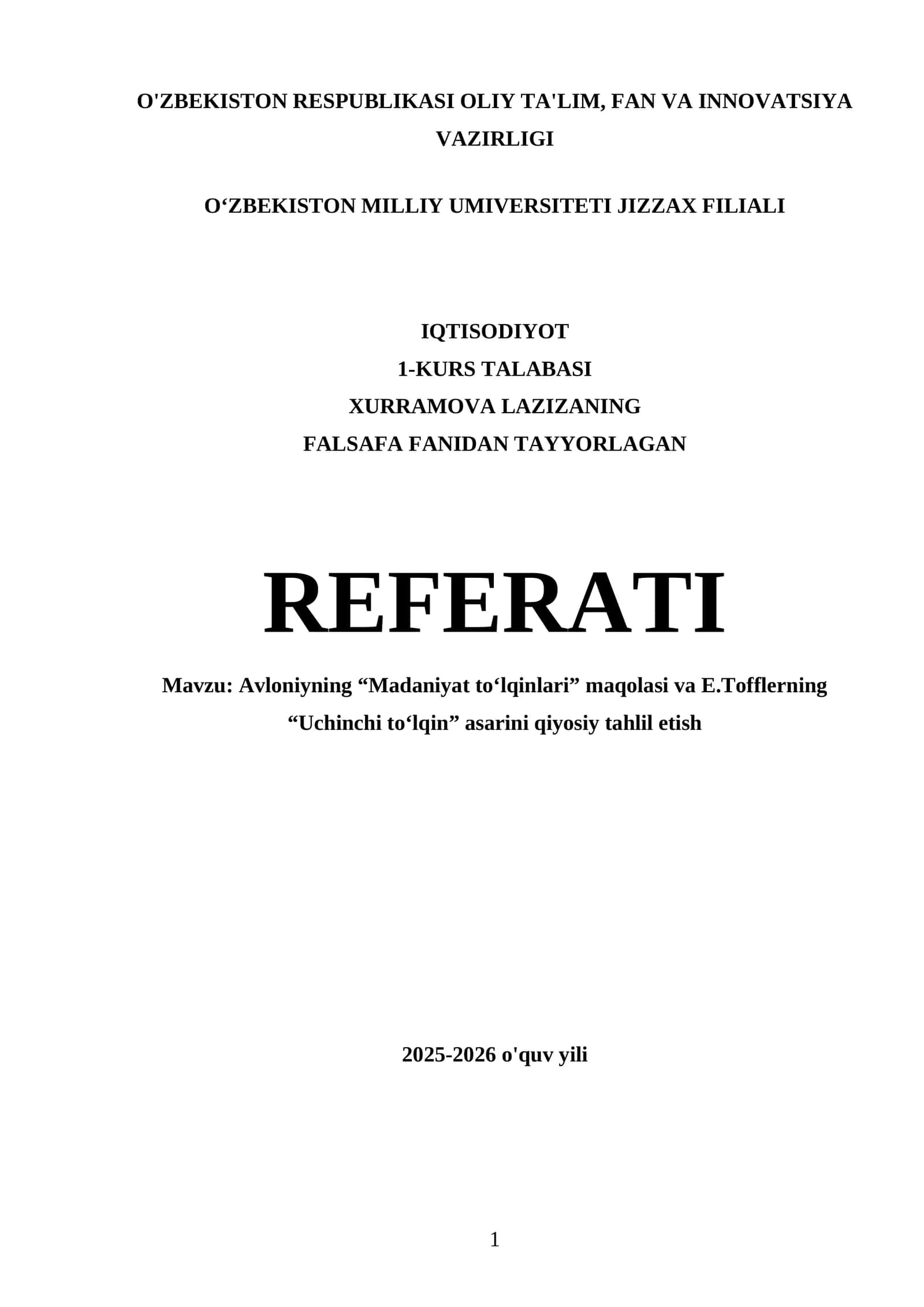 Avloniyning “Madaniyat to‘lqinlari” maqolasi va E.Tofflerning “Uchinchi to‘lqin” asarini qiyosiy tahlil etish