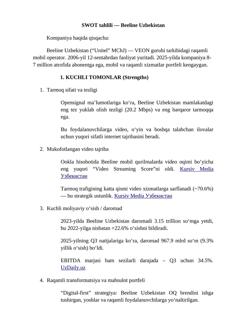 SWOT tahlili — Beeline Uzbekistan