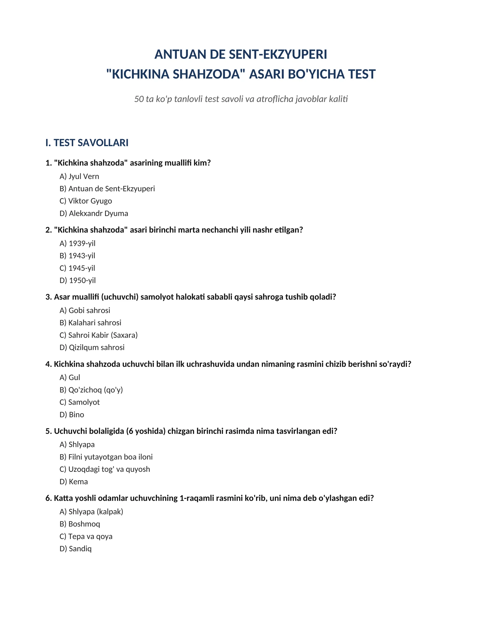 Kichkina shahzoda asari bo'yicha 50 ta savollik test javoblari bilan