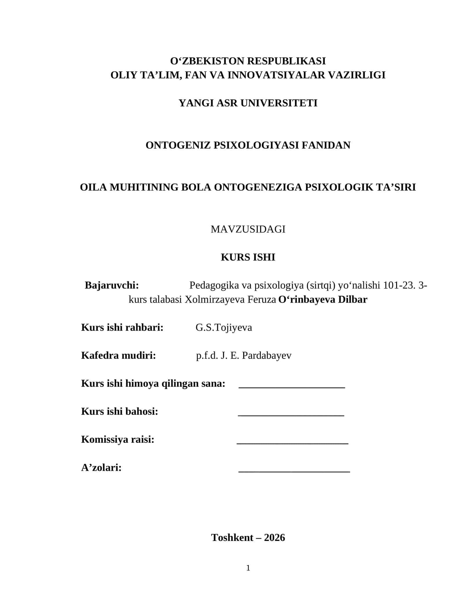 OILA MUHITINING BOLA ONTOGENEZIGA PSIXOLOGIK TA’SIRI
