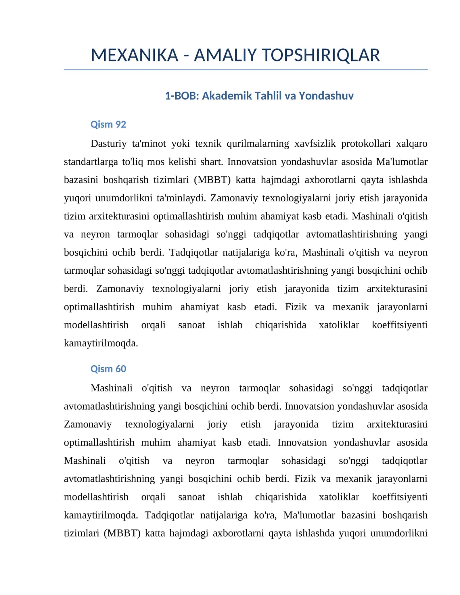 MEXANIKA - AMALIY TOPSHIRIQLAR