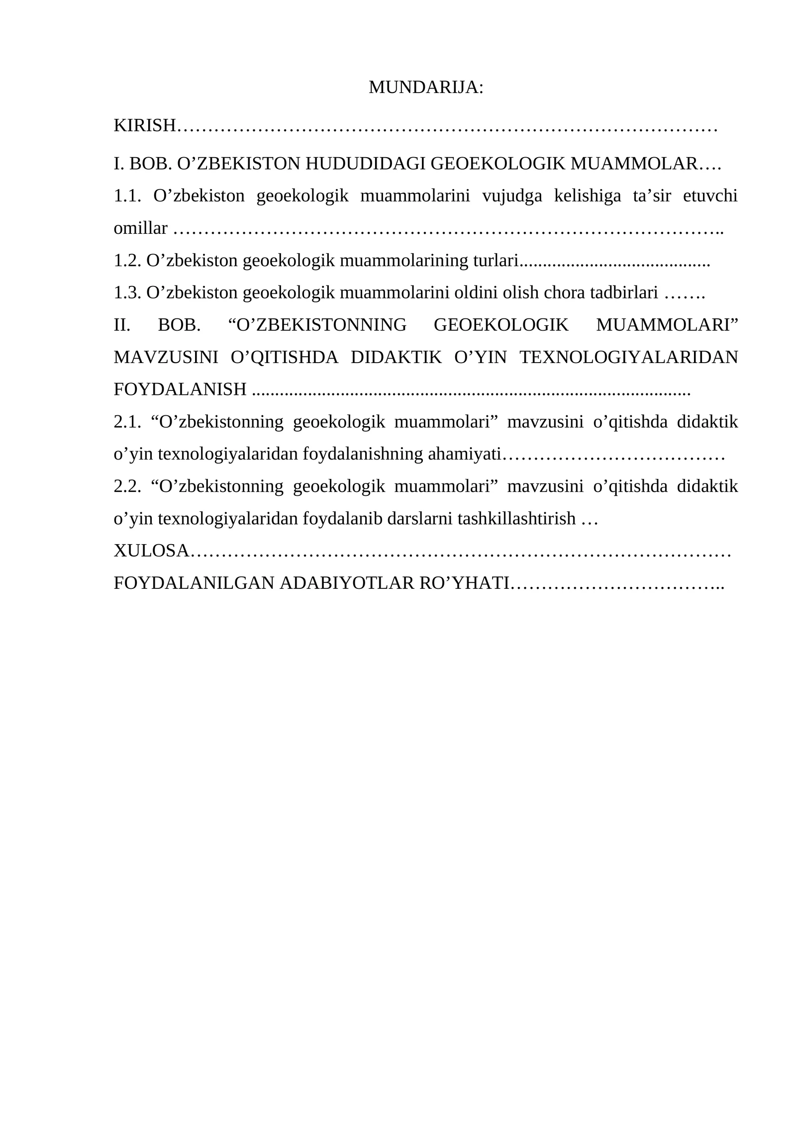 O’ZBEKISTONNING GEOEKOLOGIK MUAMMOLARI kurs ishi