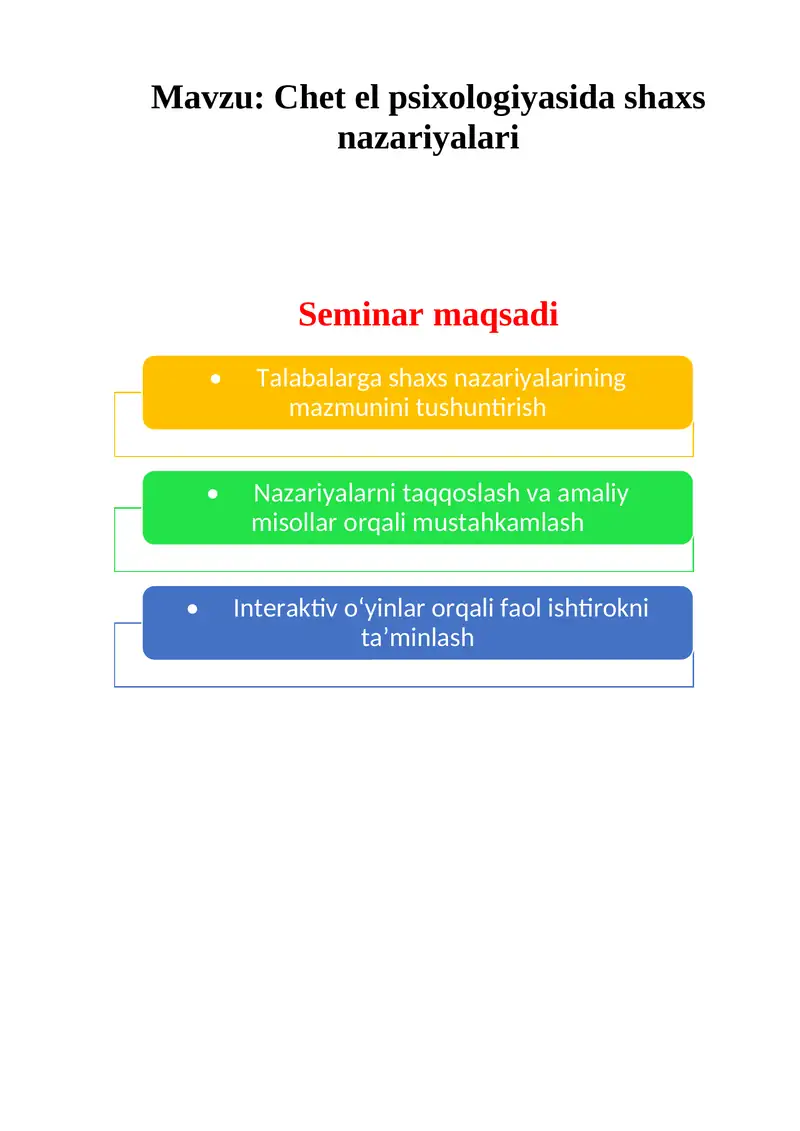 Chet el psixologiyasida shaxs nazariyalari seminar ishlanma