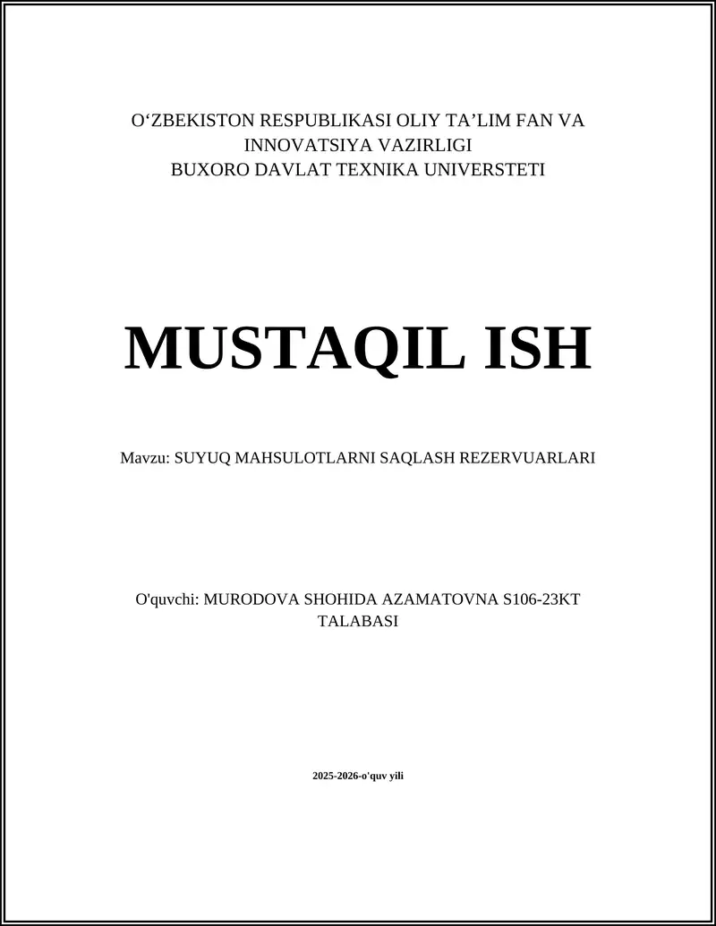 SUYUQ MAHSULOTLARNI SAQLASH REZERVUARLARI