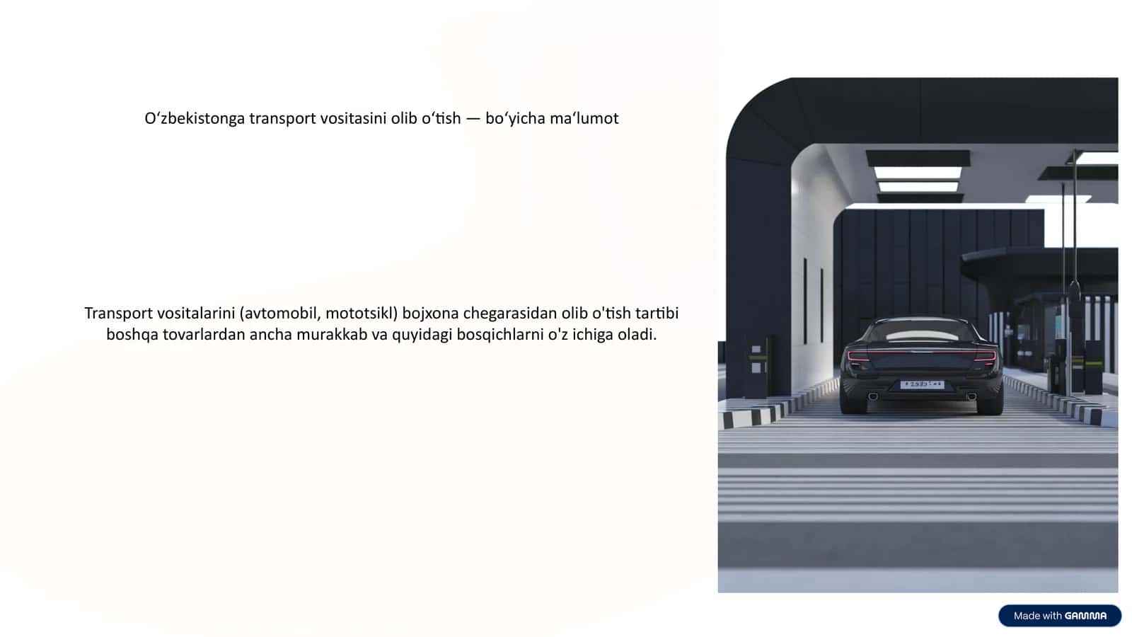 Oʻzbekistonga transport vositasini olib oʻtish