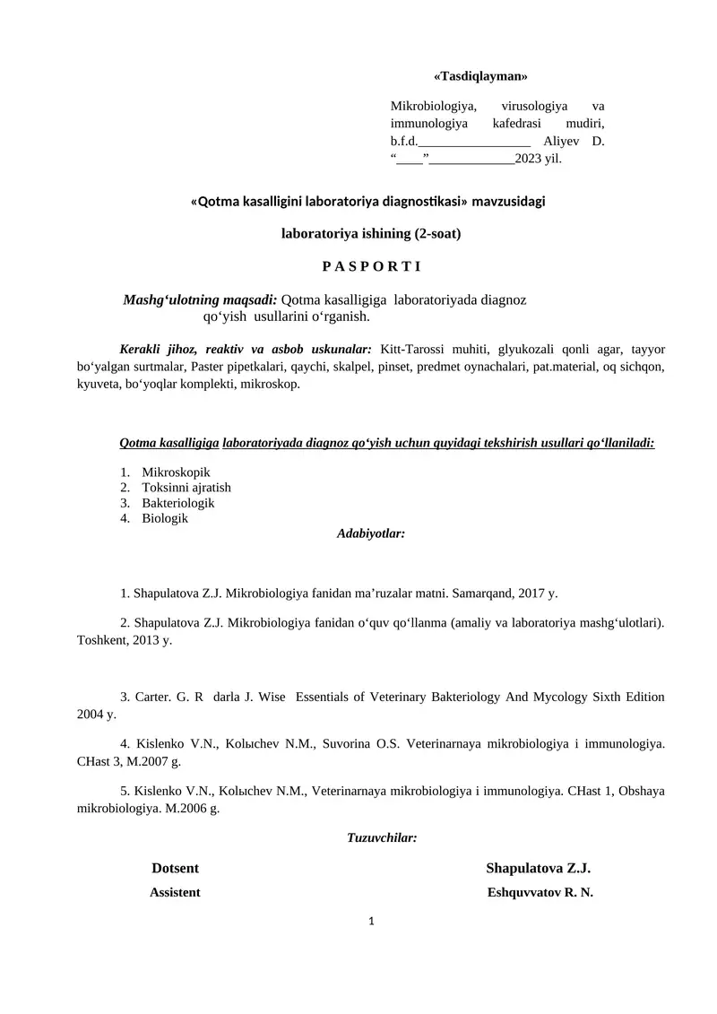 Qotma kasalligini laboratoriya diagnostikasi