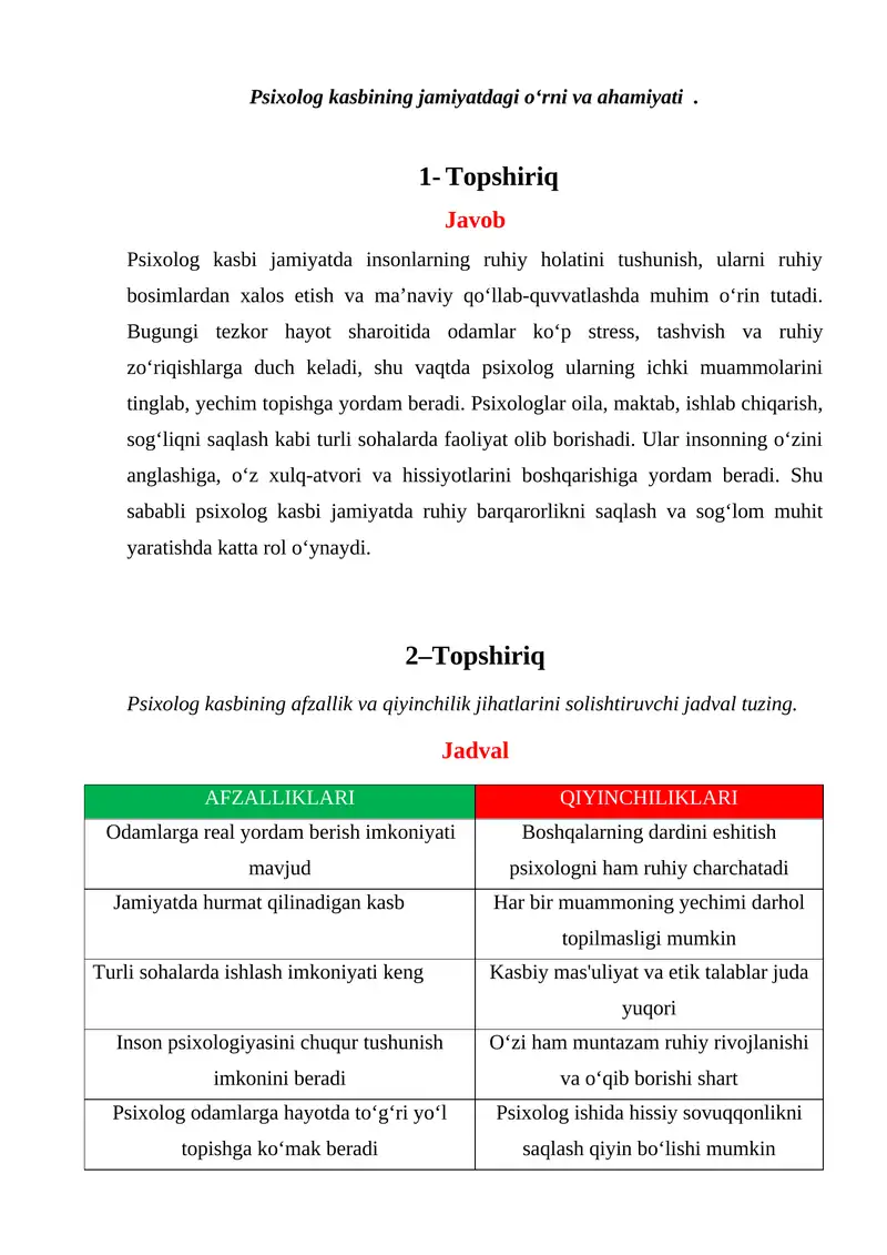 Psixolog kasbining jamiyatdagi o‘rni va ahamiyati