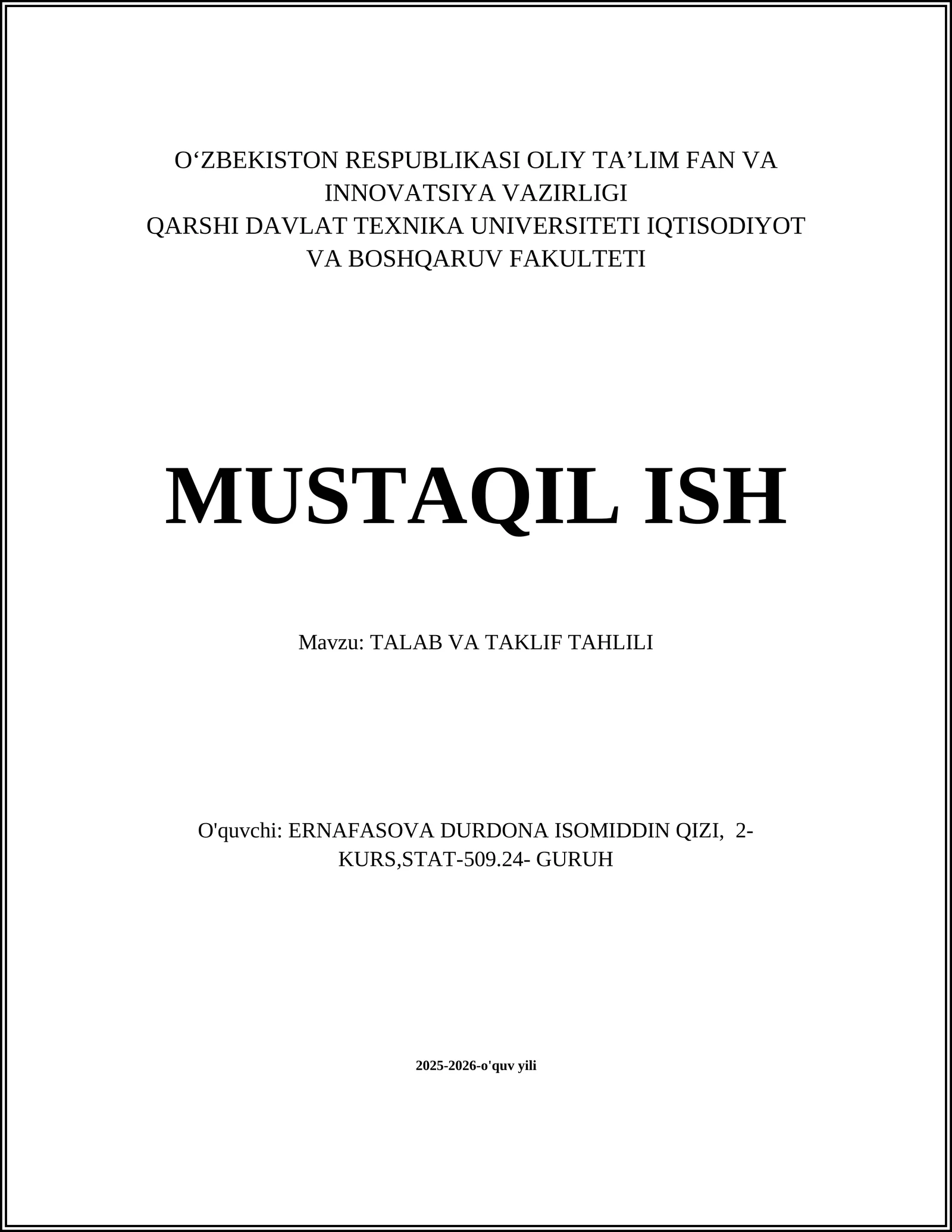 TALAB VA TAKLIF TAHLILI