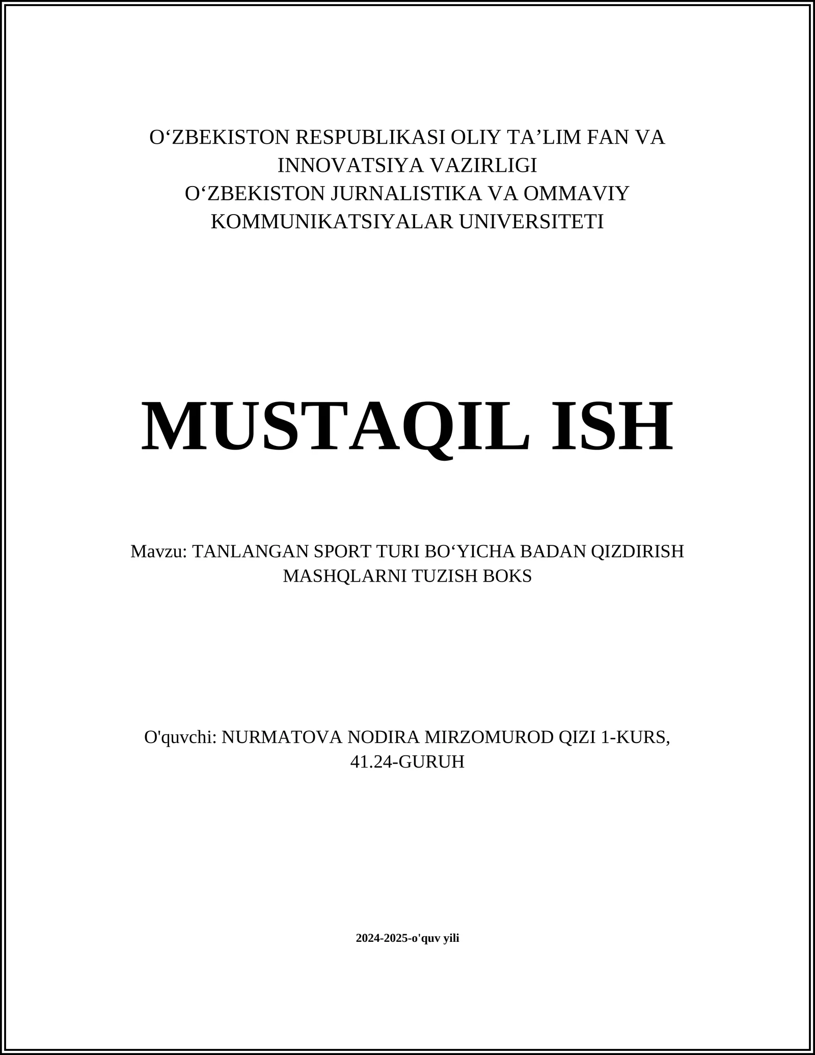 TANLANGAN SPORT TURI BOʻYICHA BADAN QIZDIRISH MASHQLARNI TUZISH BOKS