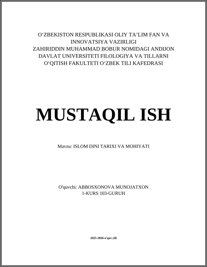 ISLOM DINI TARIXI VA MOHIYATI