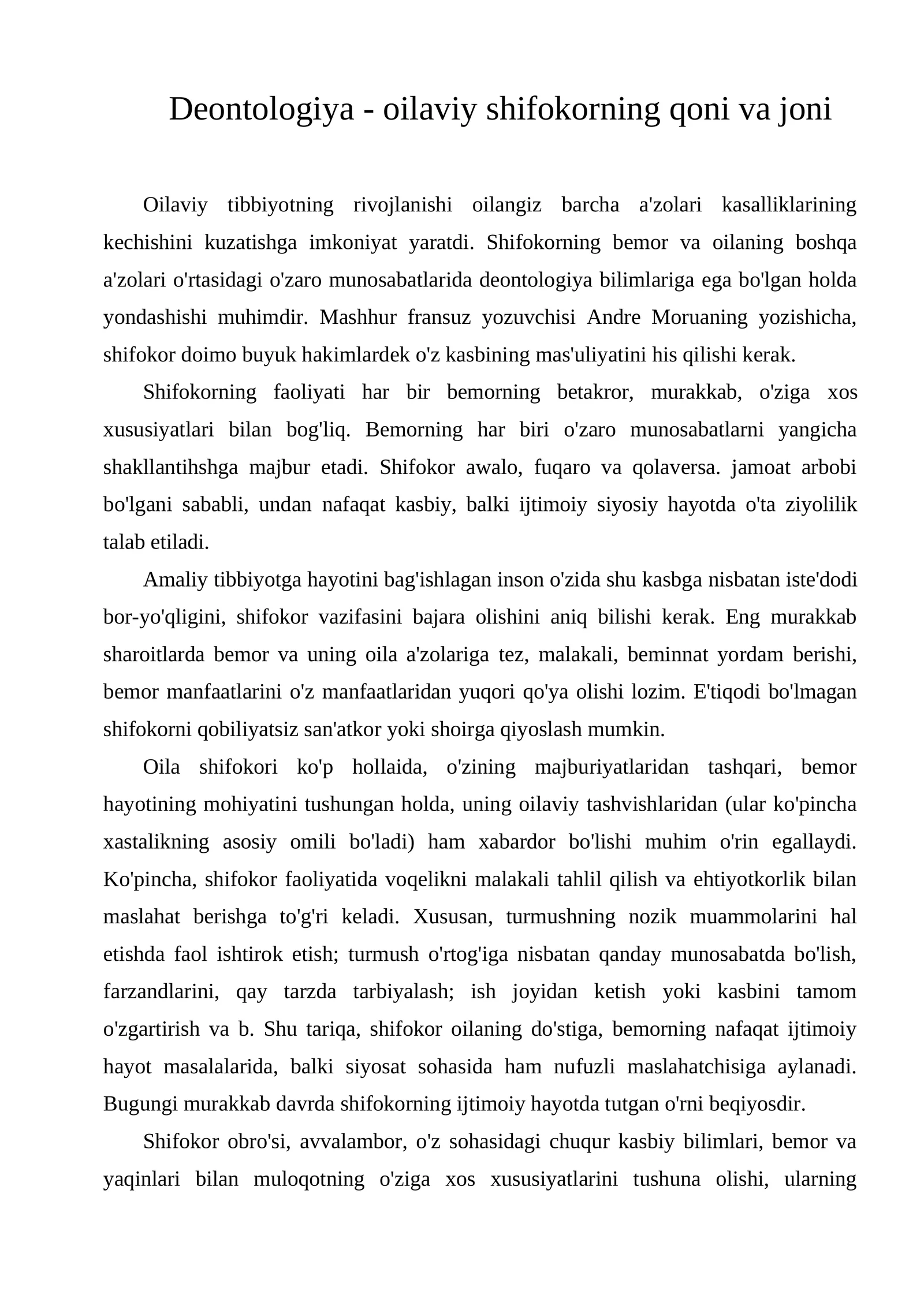 Deontologiya - oilaviy shifokorning qoni va joni