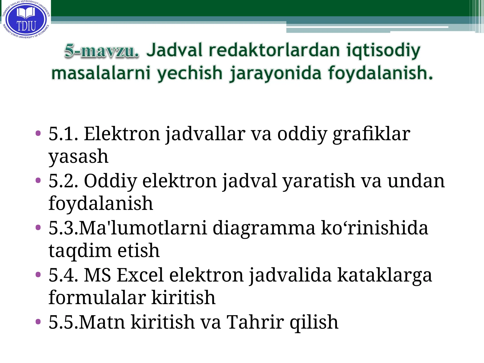 Microsoft Office Excel dasturi tasnifi