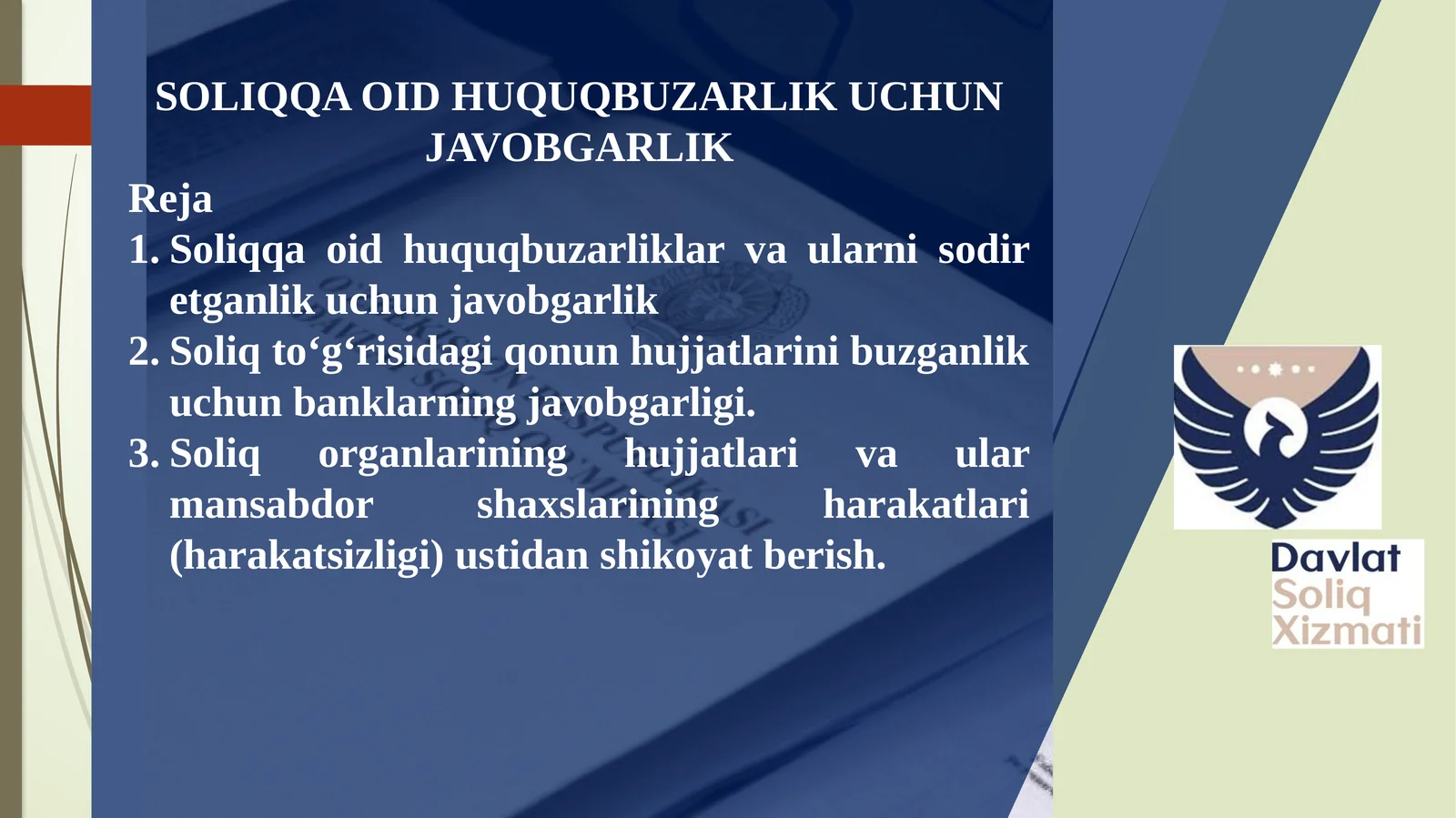 SOLIQQAOID HUQUQBUZARLIK UCHUN JAVOBGARLIK