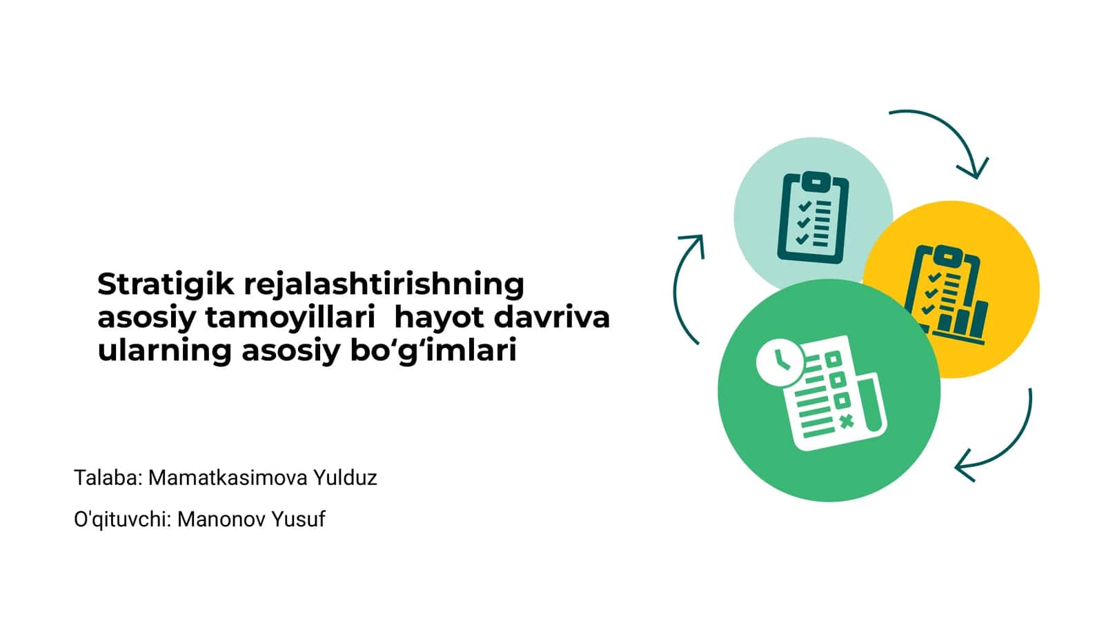 Stratigik rejalashtirishning asosiy tamoyillari hayot davriva ularning asosiy bo‘g‘imlari