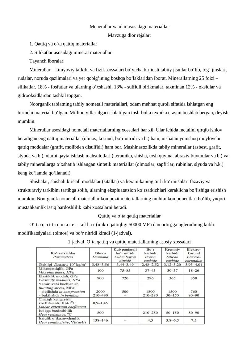Minerallar va ular asosidagi materiallar
