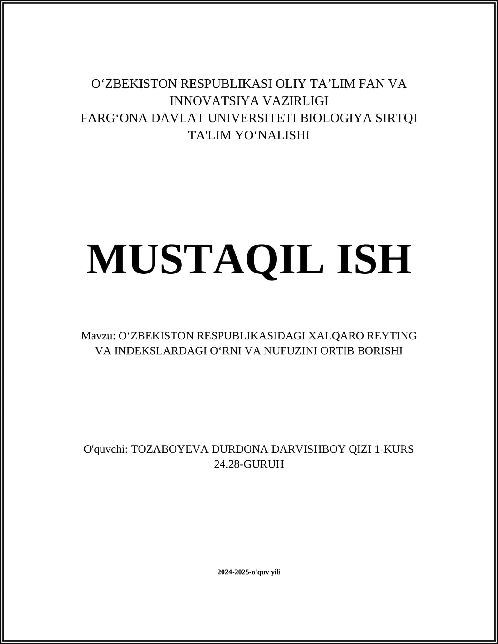 OʻZBEKISTON RESPUBLIKASIDAGI XALQARO REYTING VA INDEKSLARDAGI OʻRNI VA NUFUZINI ORTIB BORISHI