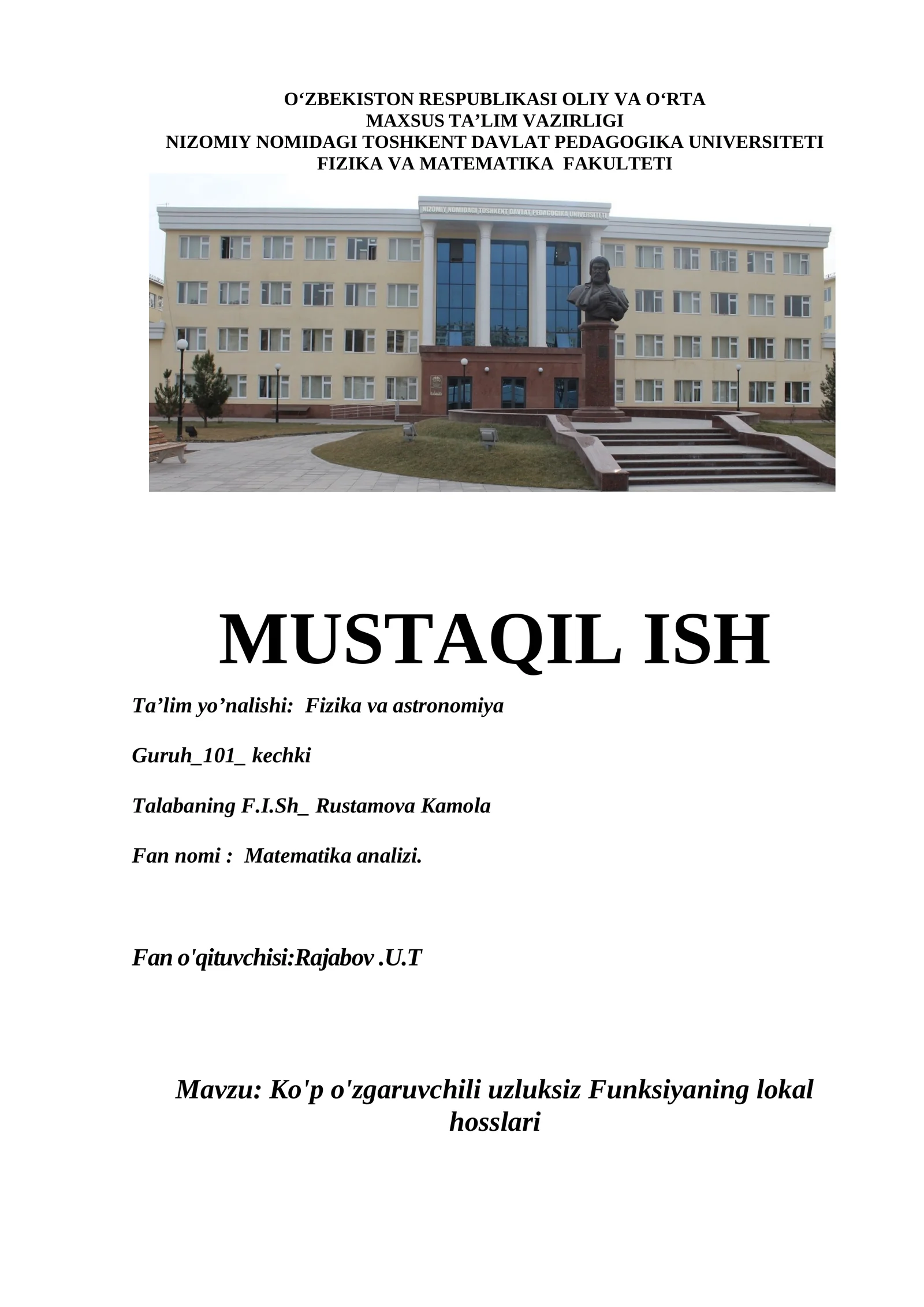 Ko'p o'zgaruvchili uzluksiz Funksiyaning lokal hosslari