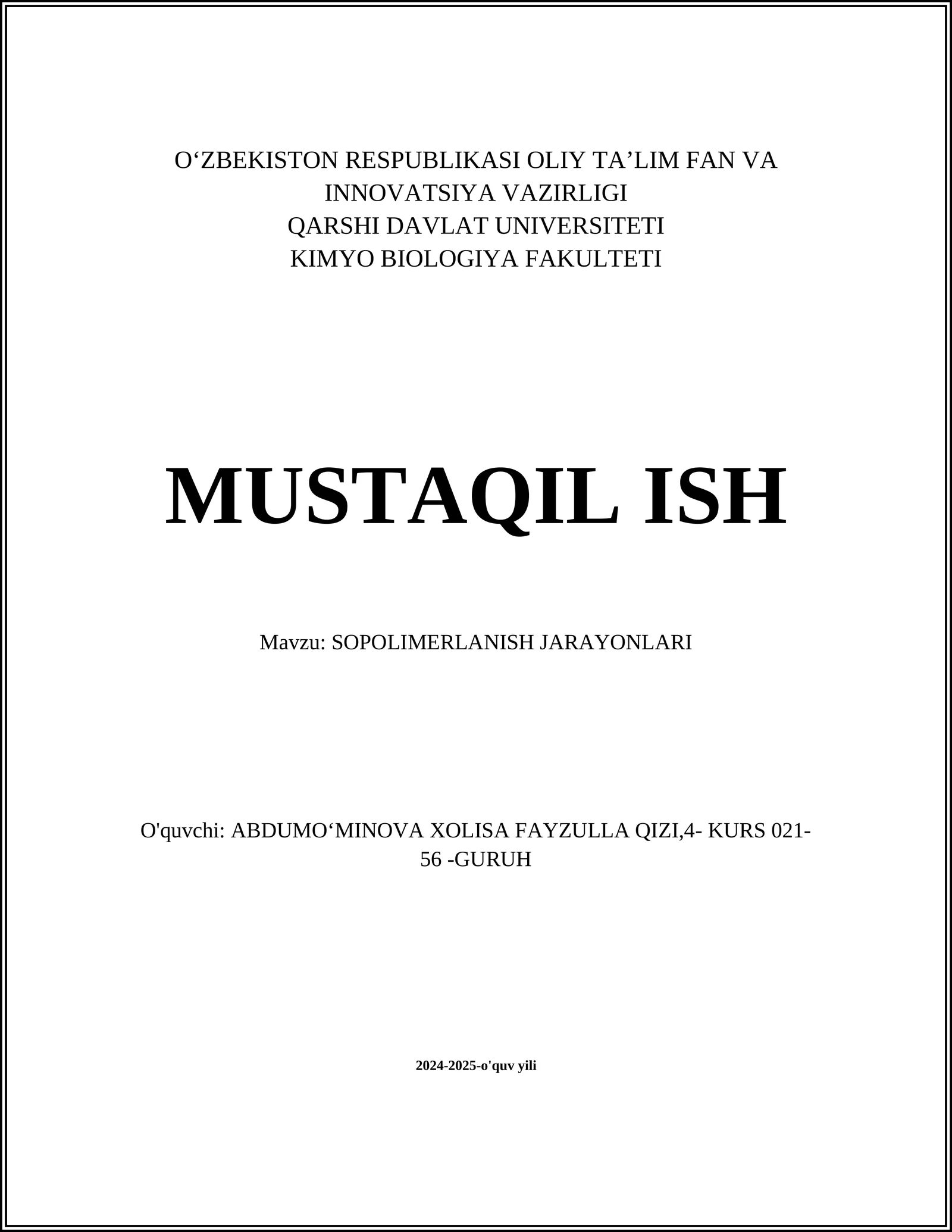 SOPOLIMERLANISH JARAYONLARI