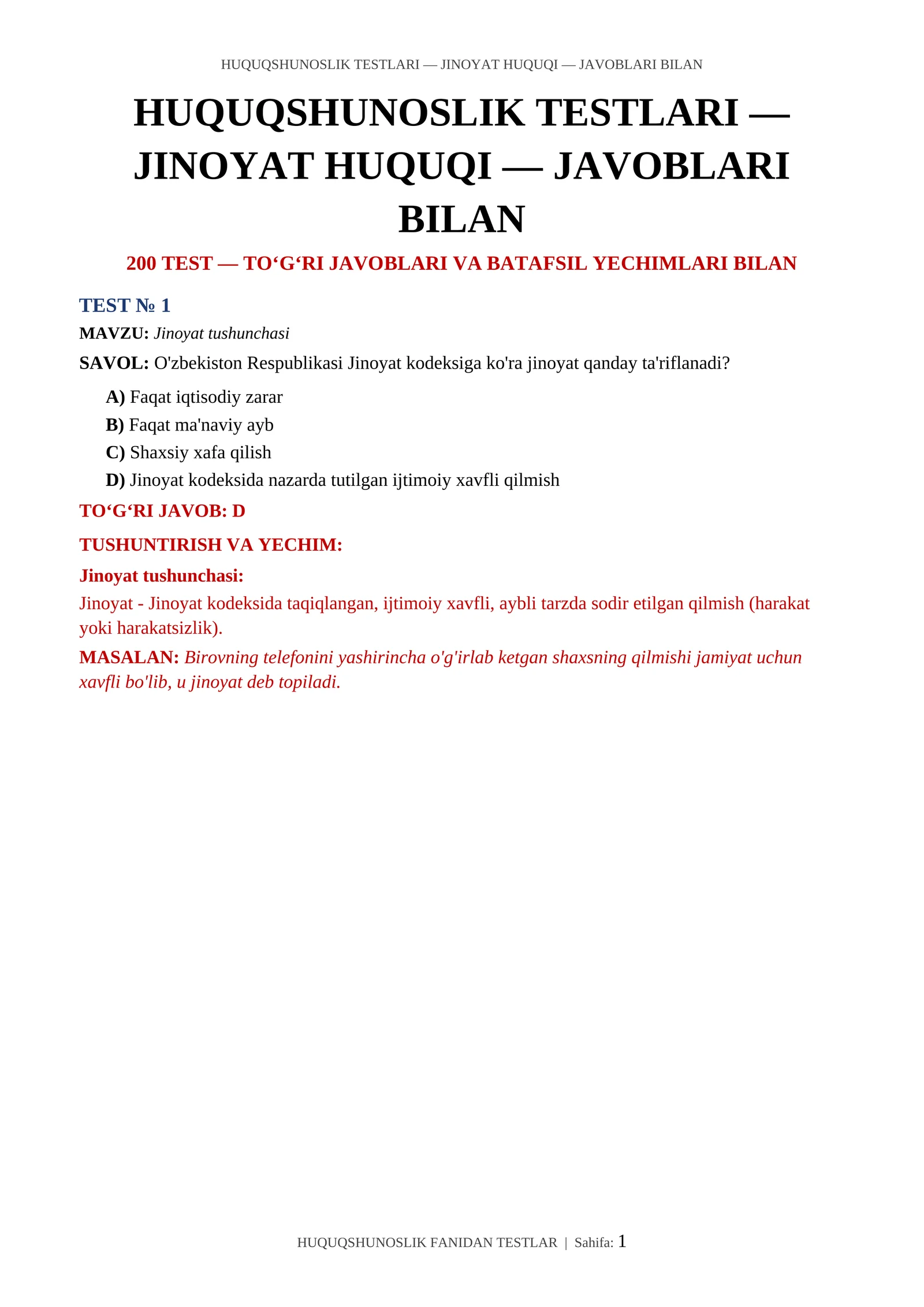 HUQUQSHUNOSLIK TESTLARI — JINOYAT HUQUQI — JAVOBLARI BILAN