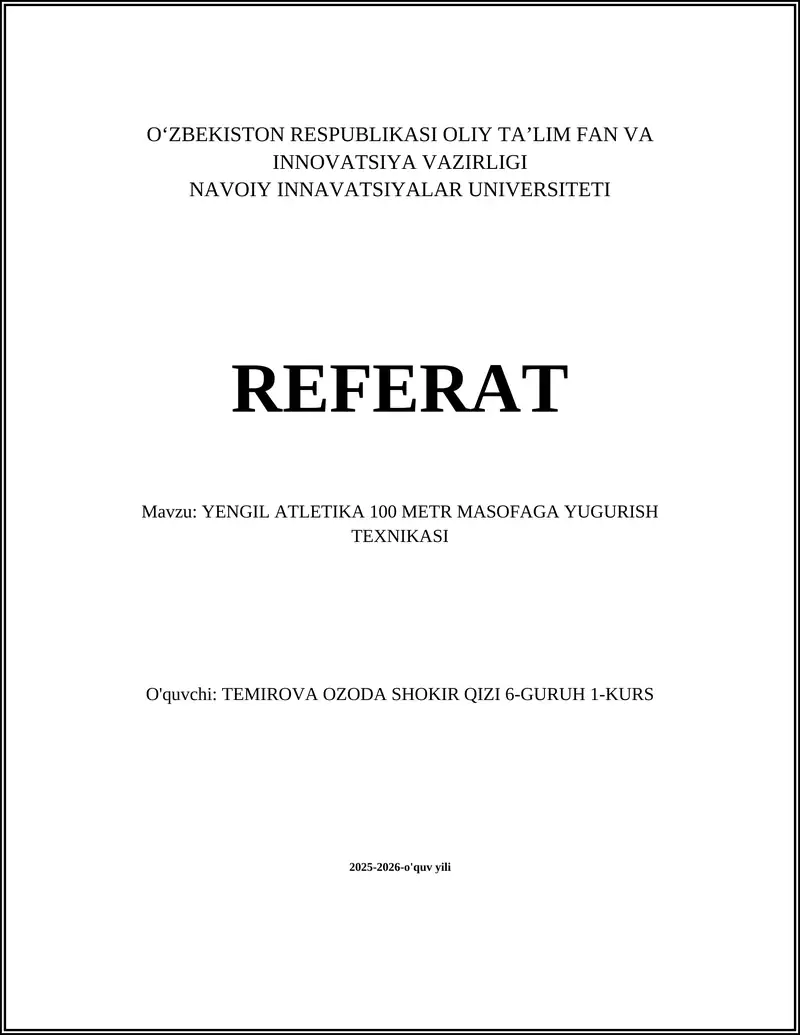 YENGIL ATLETIKA 100 METR MASOFAGA YUGURISH TEXNIKASI