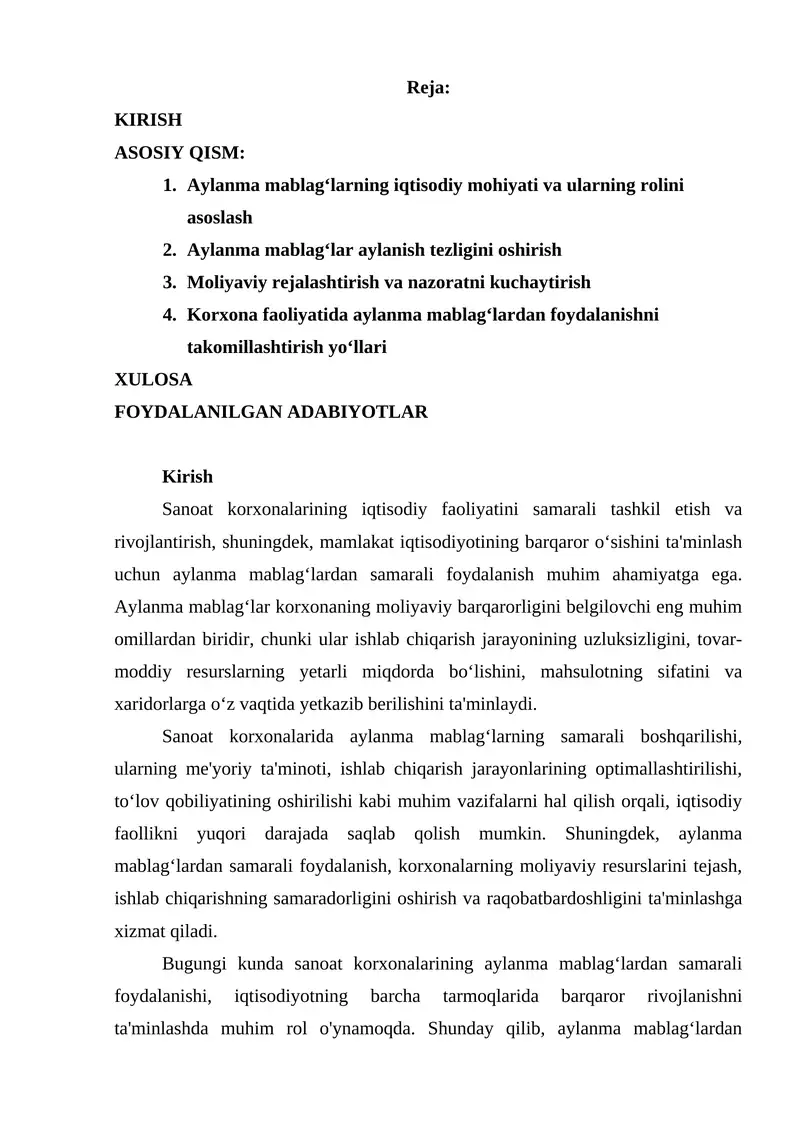Sanoat korxonalarining iqtisodiy faoliyatini samarali tashkil etish