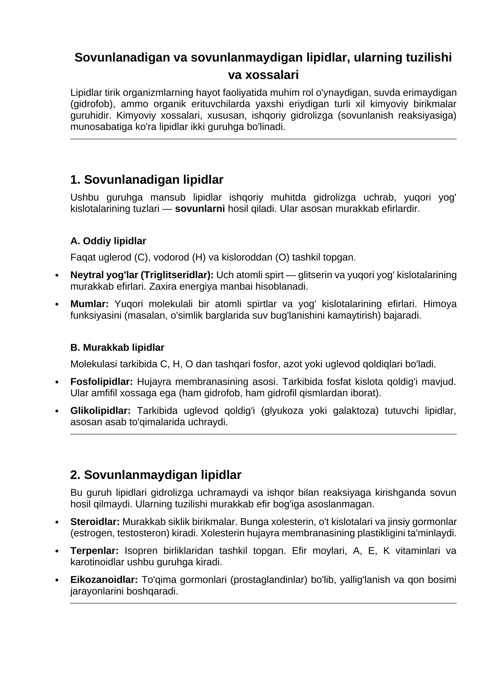 Sovunlanadigan va sovunlanmaydigan lipidlar, ularning tuzilishi va xossalari