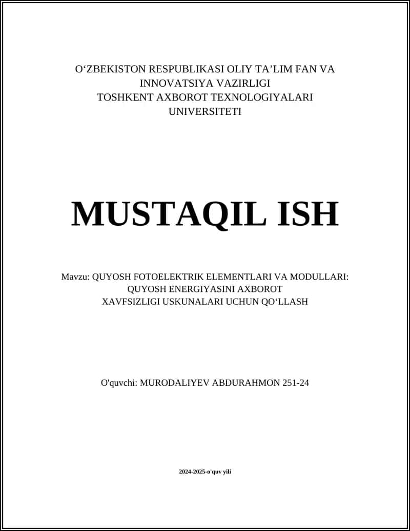 QUYOSH FOTOELEKTRIK ELEMENTLARI VA MODULLARI