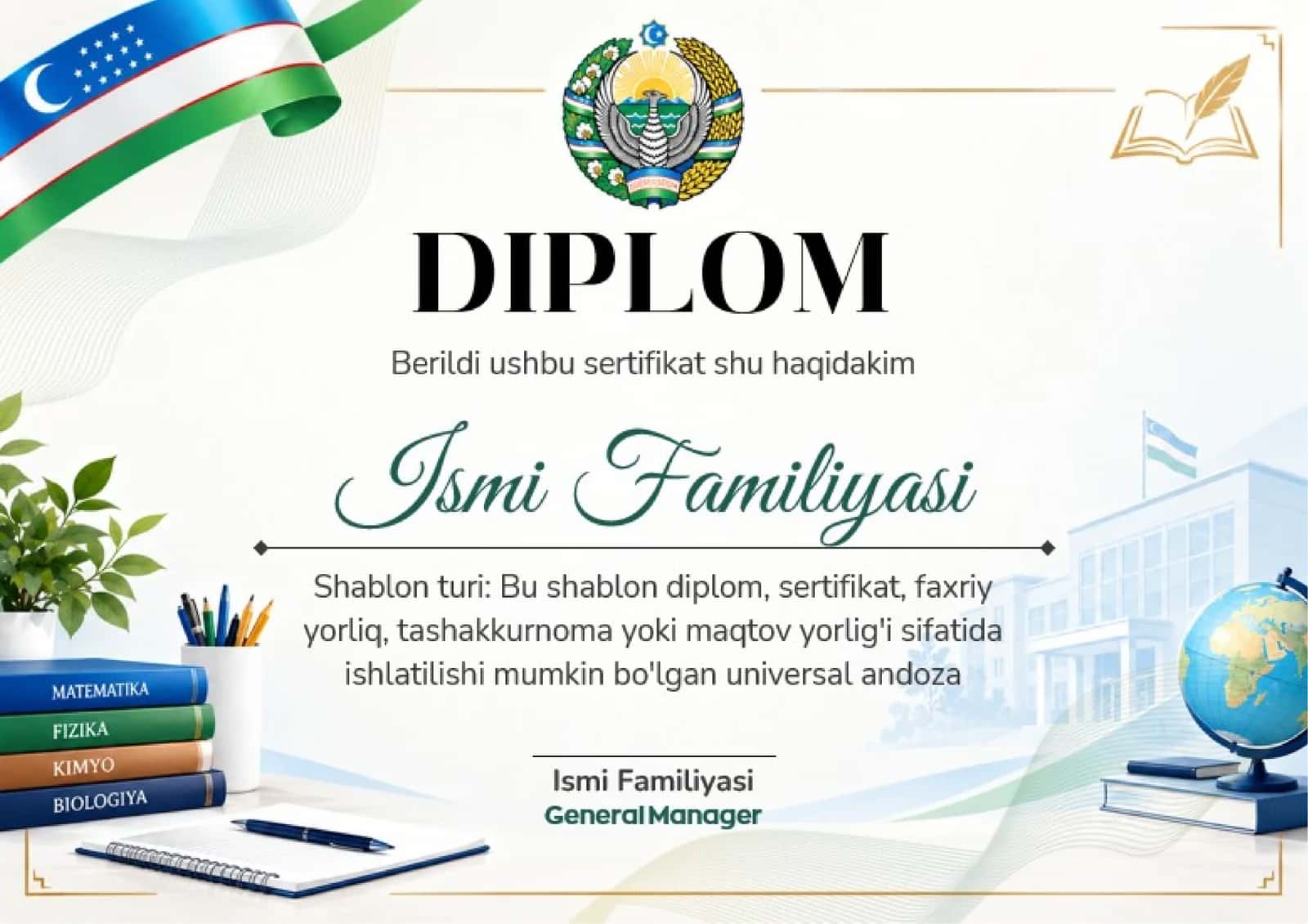 Shablon diplom, sertifikat, faxriy yorliq, tashakkurnoma yoki maqtov yorlig'i