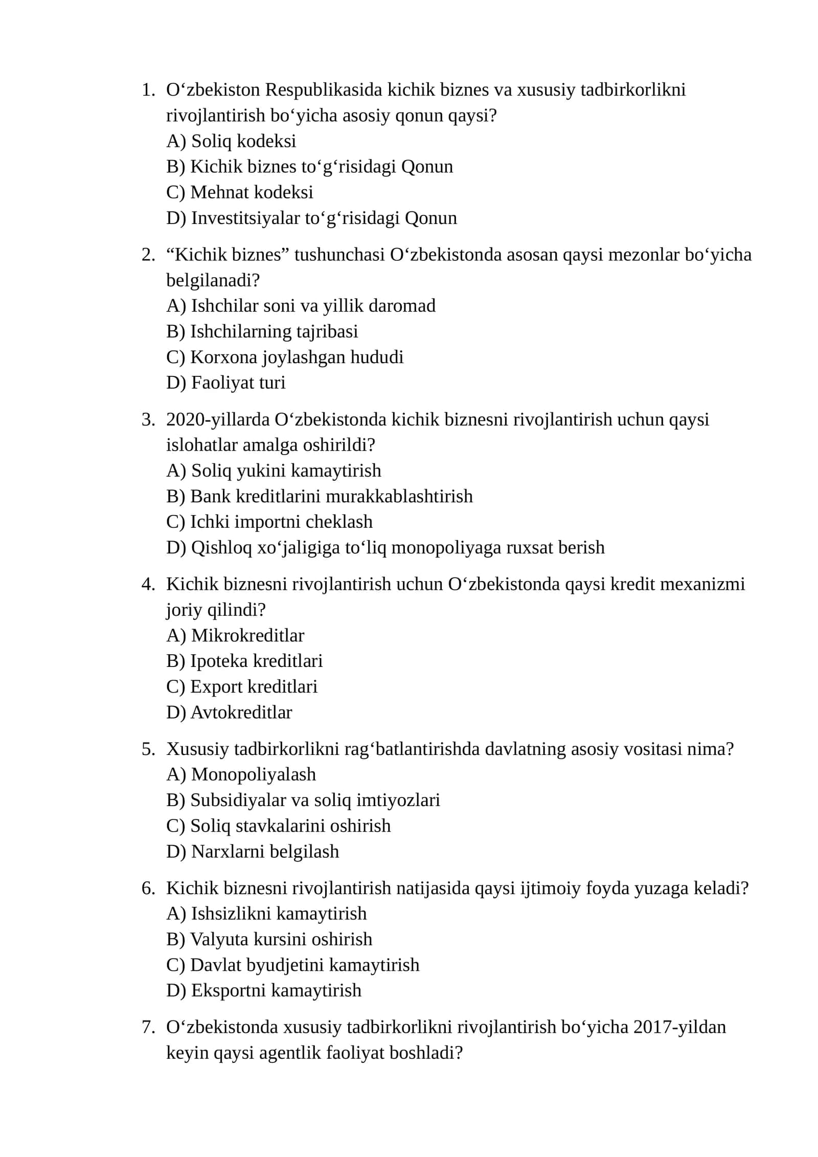 Kichik biznes va xususiy tadbirkorlikni rivojlantirish bo‘yicha asosiy qonun qaysi?
