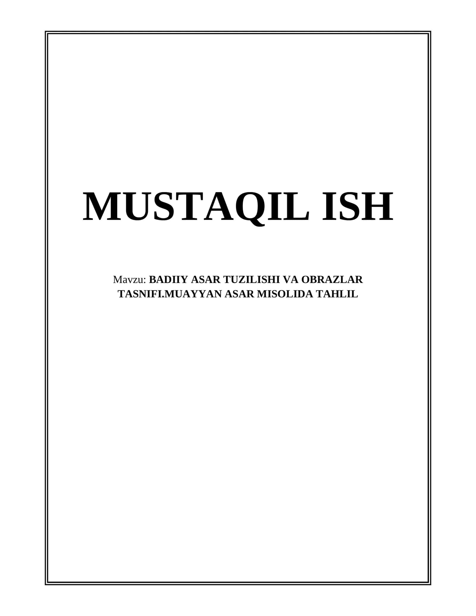 BADIIY ASAR TUZILISHI VA OBRAZLAR TASNIFI