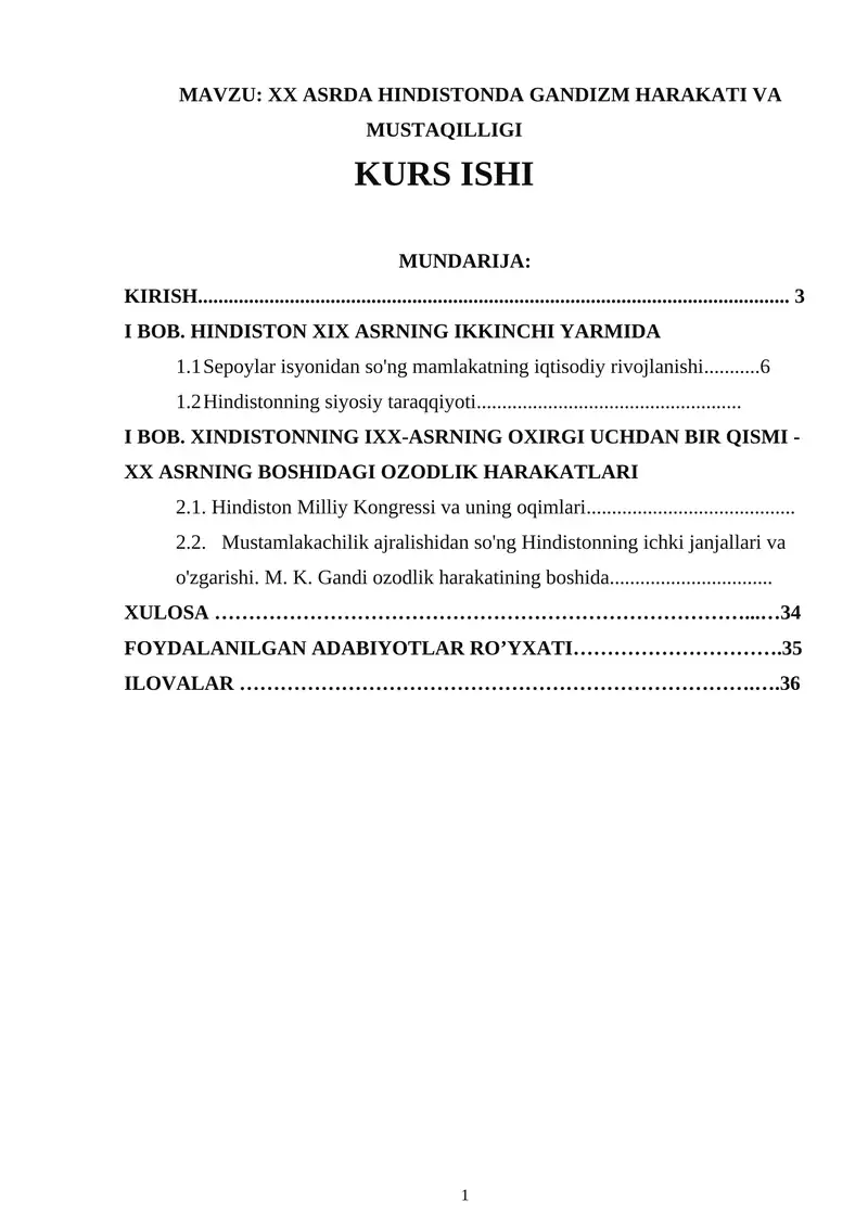 XX ASRDA HINDISTONDA GANDIZM HARAKATI VA MUSTAQILLIGI KURS ISHI