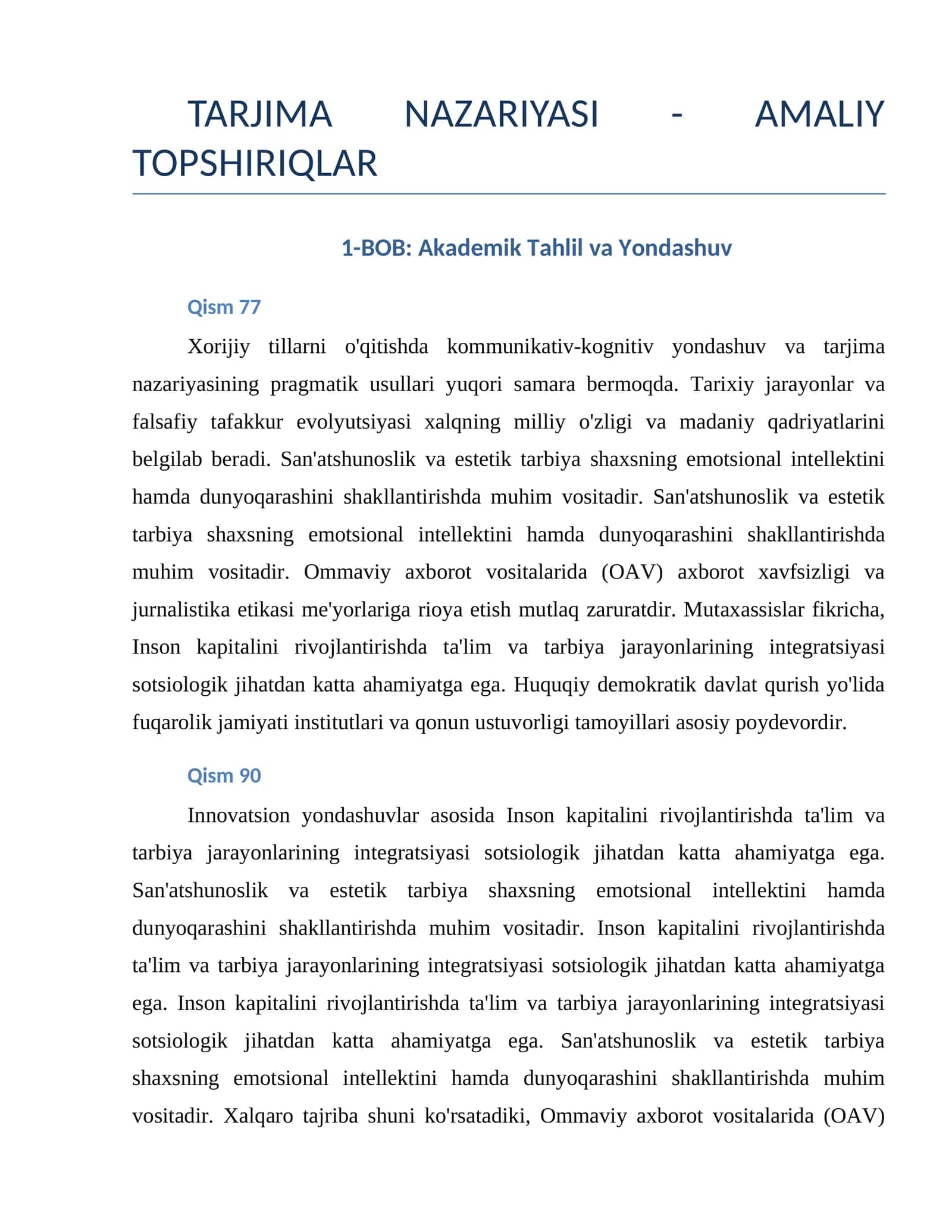 TARJIMA NAZARIYASI - AMALIY TOPSHIRIQLAR