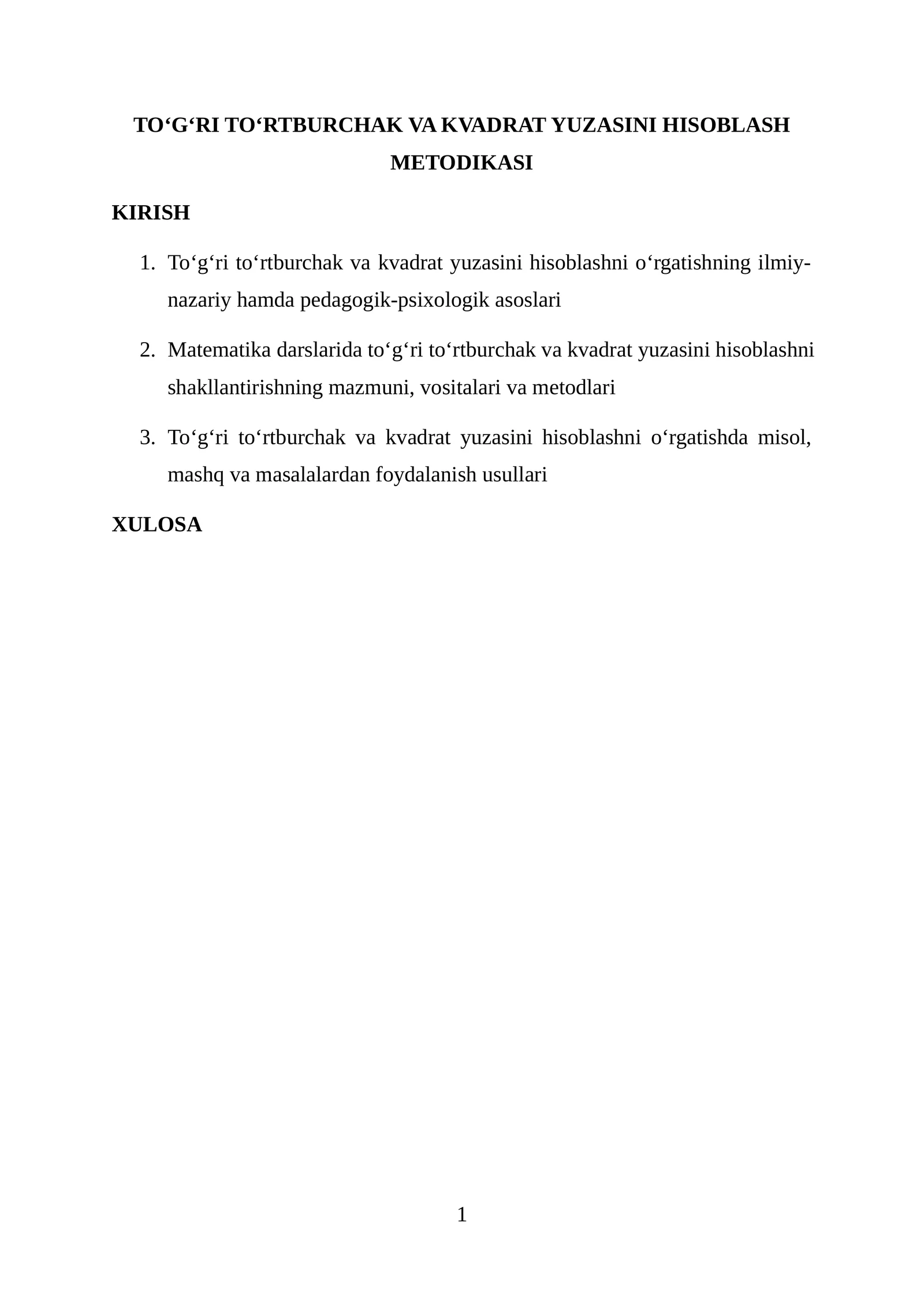 To‘g‘ri to‘rtburchak va kvadrat yuzasini hisoblash metodikasi