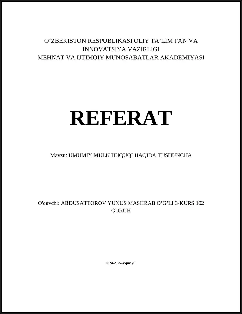 UMUMIY MULK HUQUQI HAQIDA TUSHUNCHA