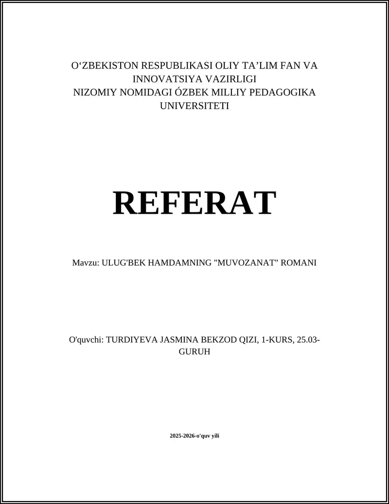 ULUG'BEK HAMDAMNING "MUVOZANAT" ROMANI