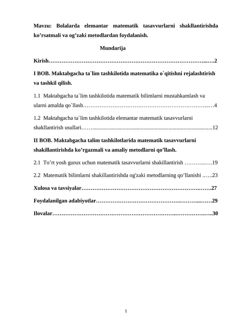 Bolalarda elemantar matematik tasavvurlarni shakllantirishda ko’rsatmali va og’zaki metodlardan foydalanish