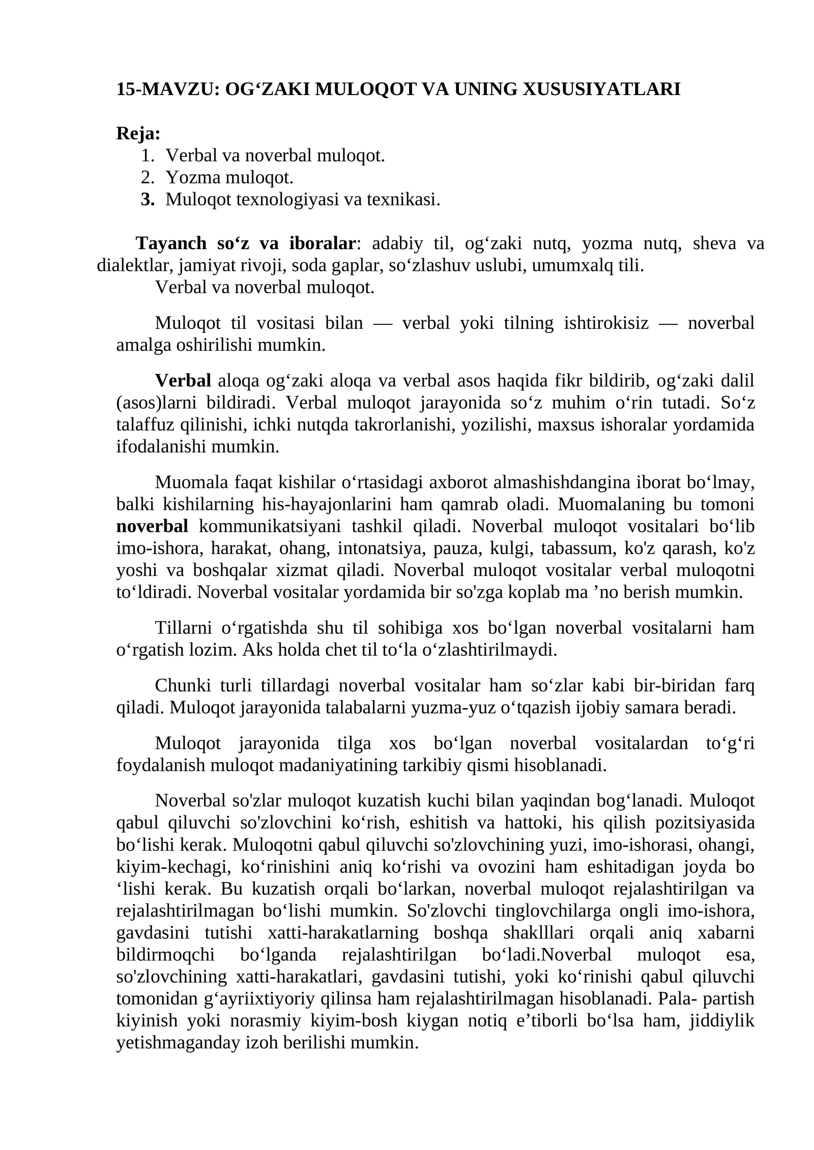 OG‘ZAKI MULOQOT VA UNING XUSUSIYATLARI