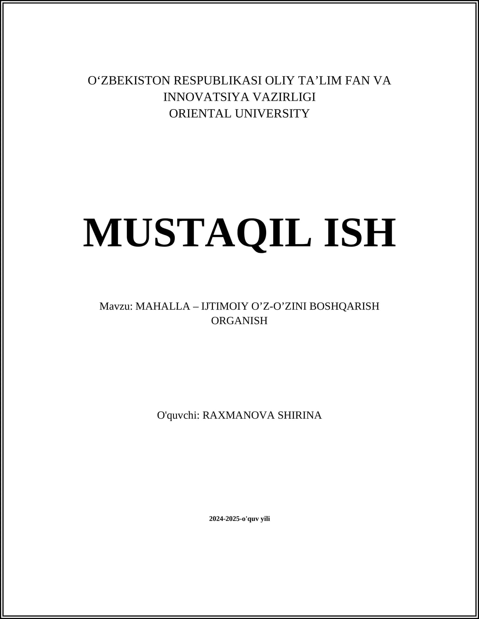 MAHALLA – IJTIMOIY O’Z-O’ZINI BOSHQARISH ORGANISH
