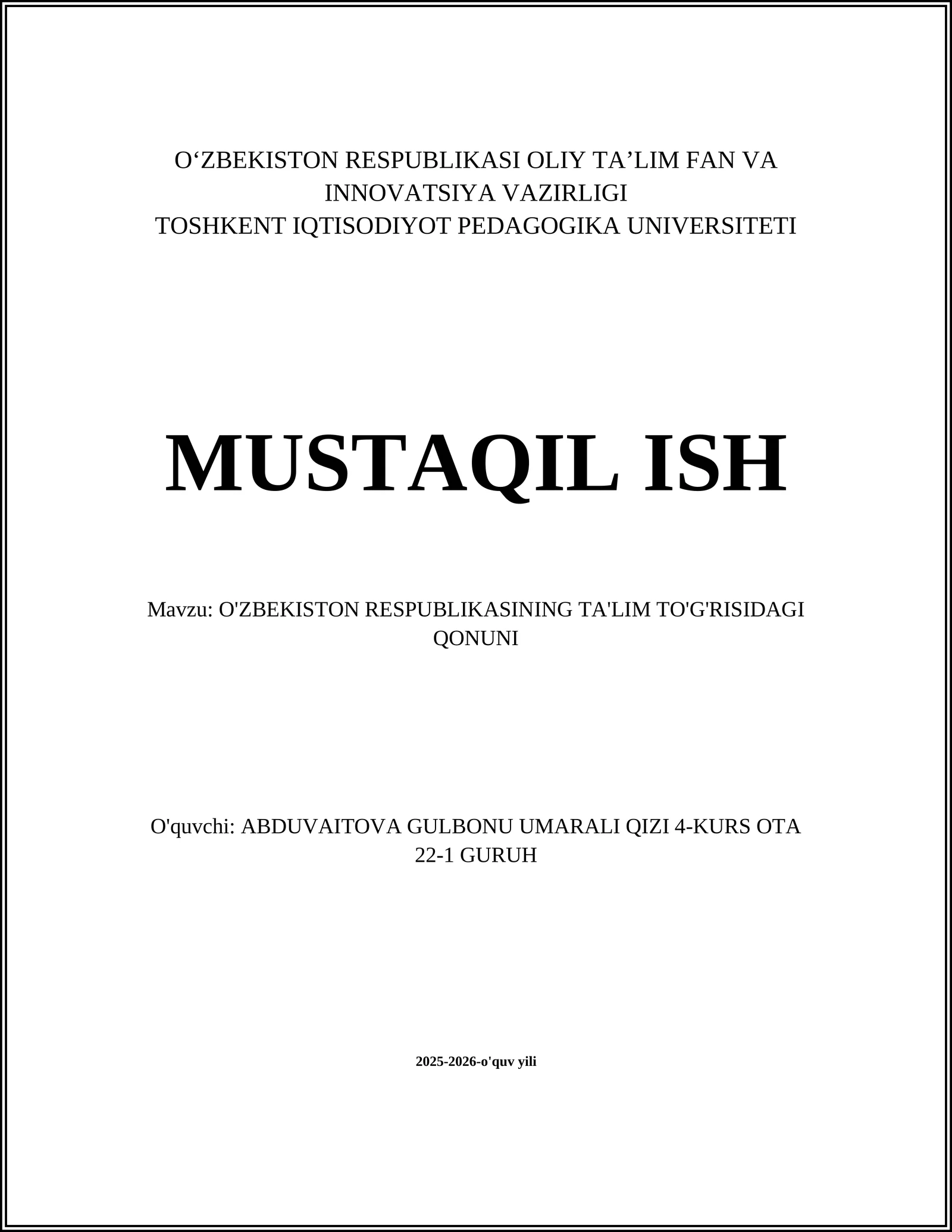O'ZBEKISTON RESPUBLIKASINING TA'LIM TO'G'RISIDAGI QONUNI