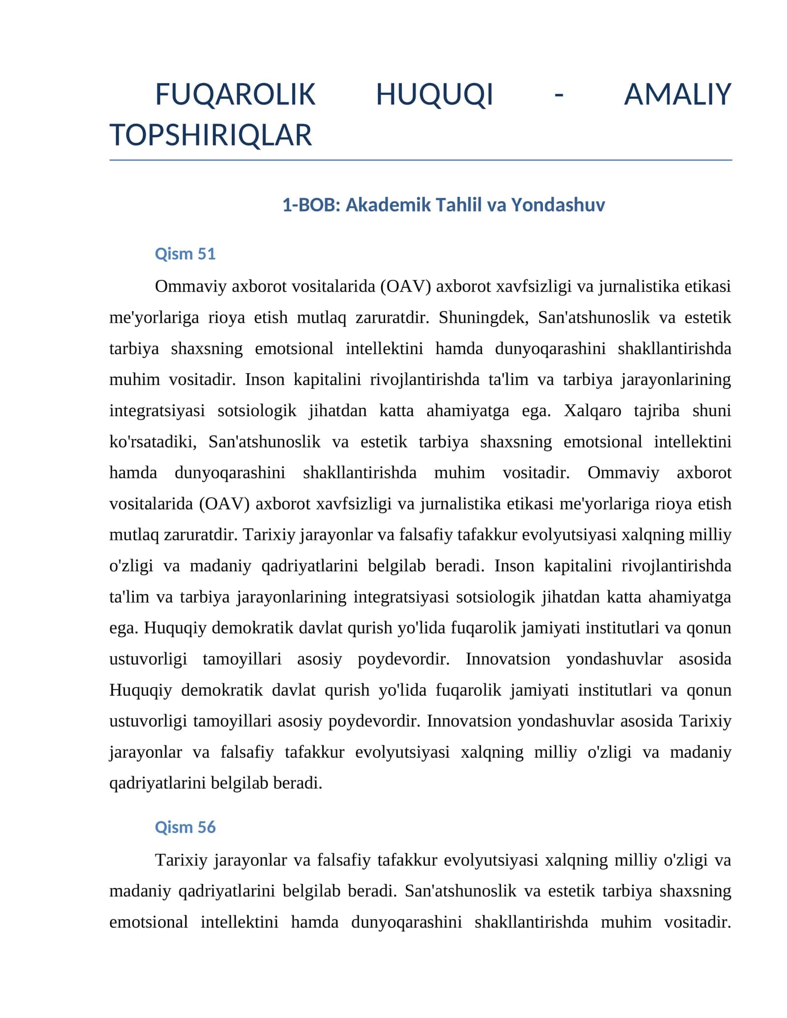 FUQAROLIK HUQUQI - AMALIY TOPSHIRIQLAR