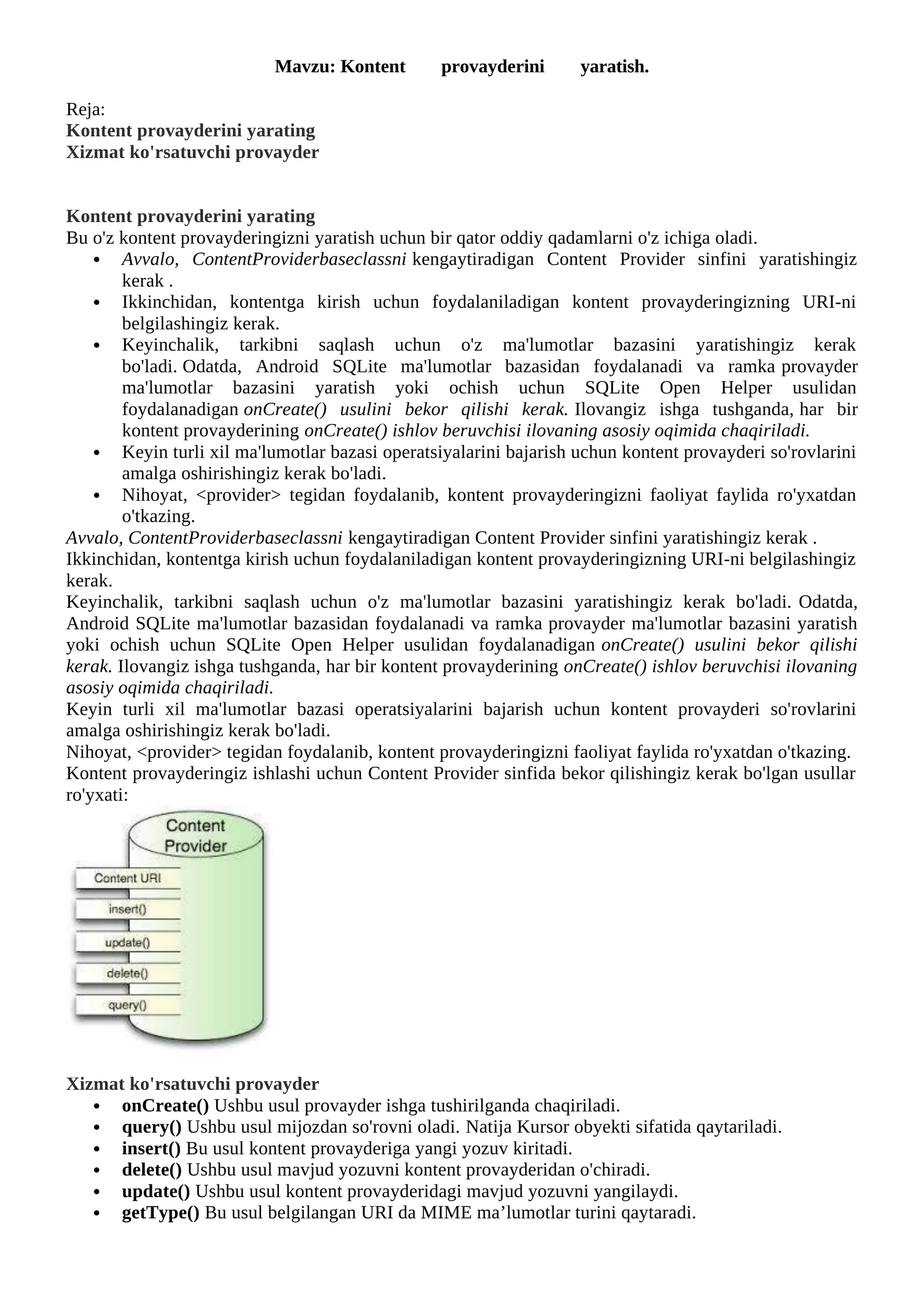 Kontent provayderini yaratish