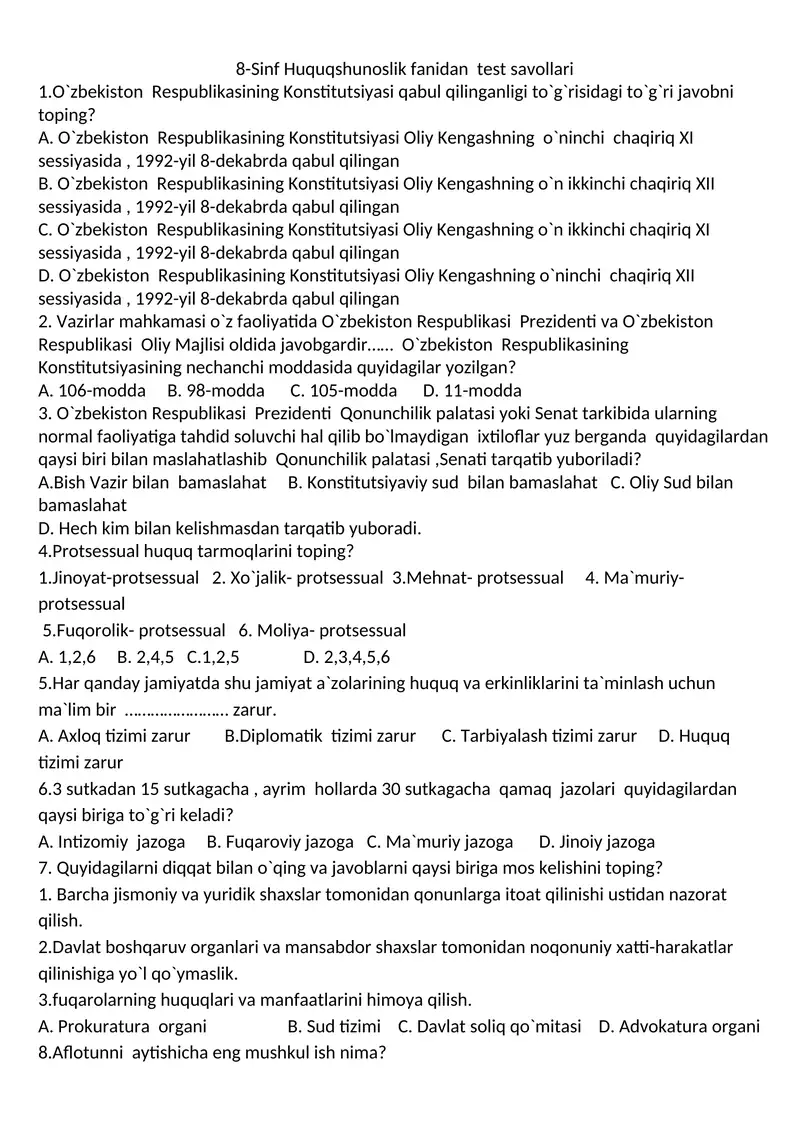 8-Sinf Huquqshunoslik fanidan test savollari