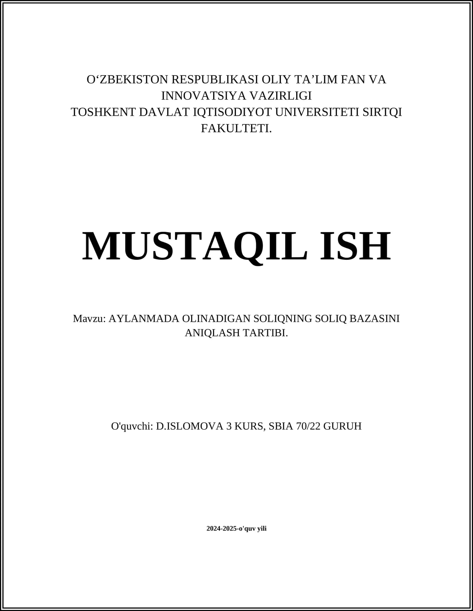 AYLANMADA OLINADIGAN SOLIQNING SOLIQ BAZASINI ANIQLASH TARTIBI