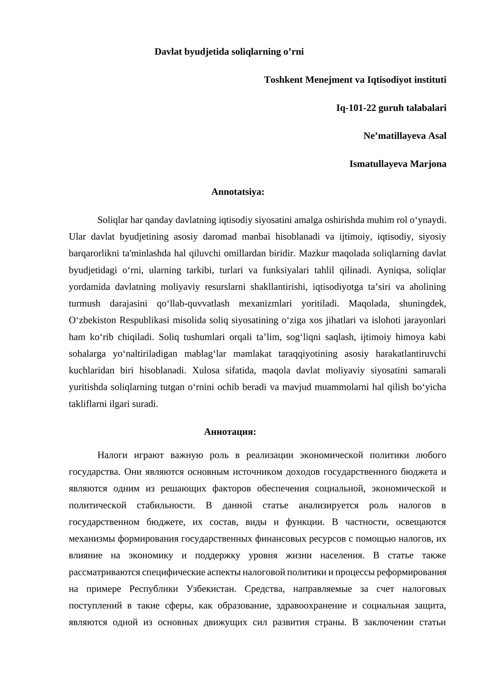 Soliqlarning o’rni davlat byudjetida