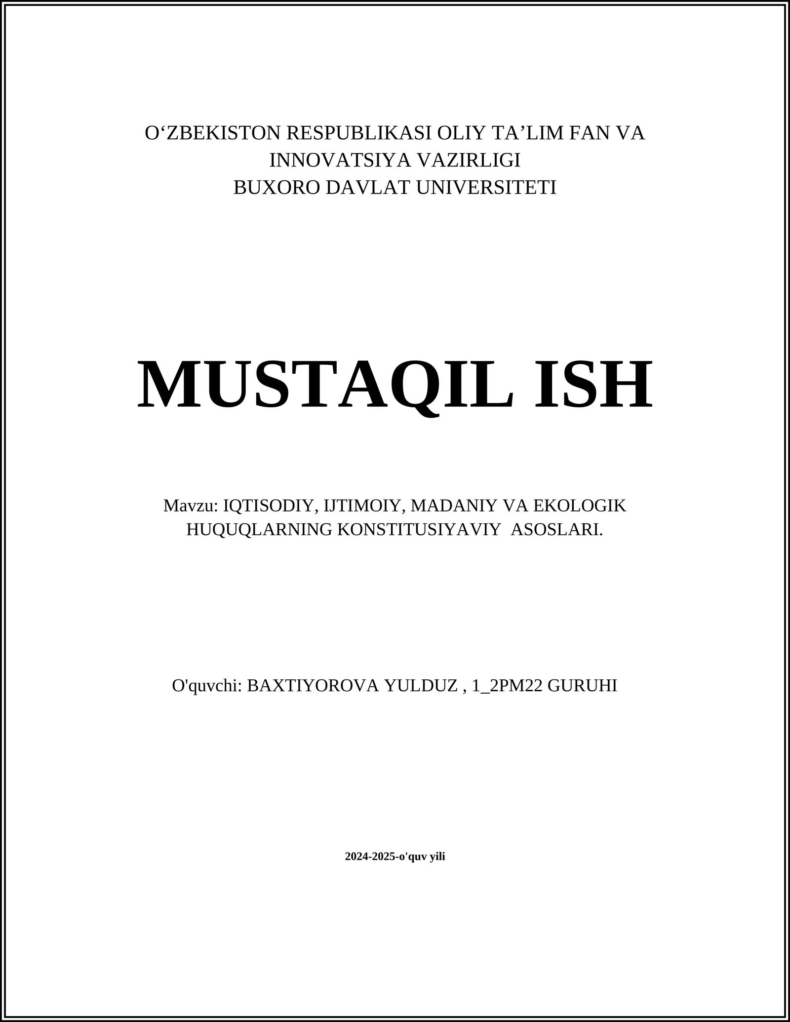 IQTISODIY, IJTIMOIY, MADANIY VA EKOLOGIK HUQUQLARNING KONSTITUSIYAVIY ASOSLARI