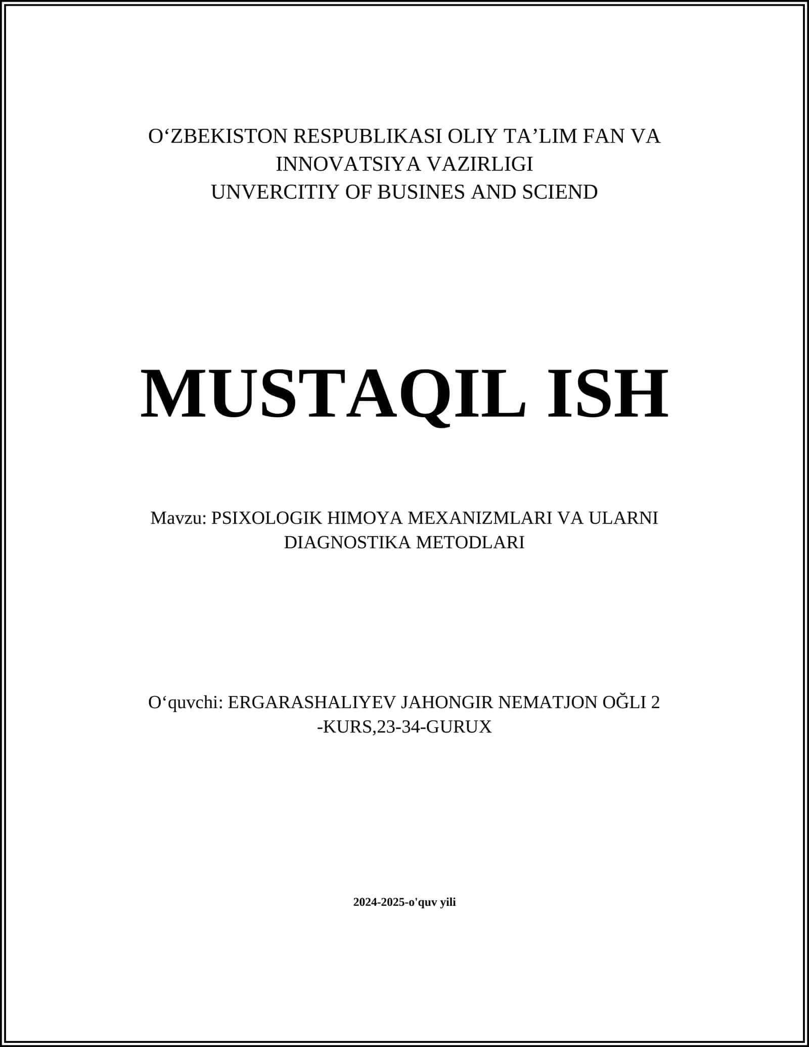 PSIXOLOGIK HIMOYA MEXANIZMLARI VA ULARNI DIAGNOSTIKA METODLARI