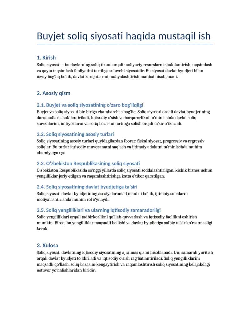Buyjet soliq siyosati haqida mustaqil ish