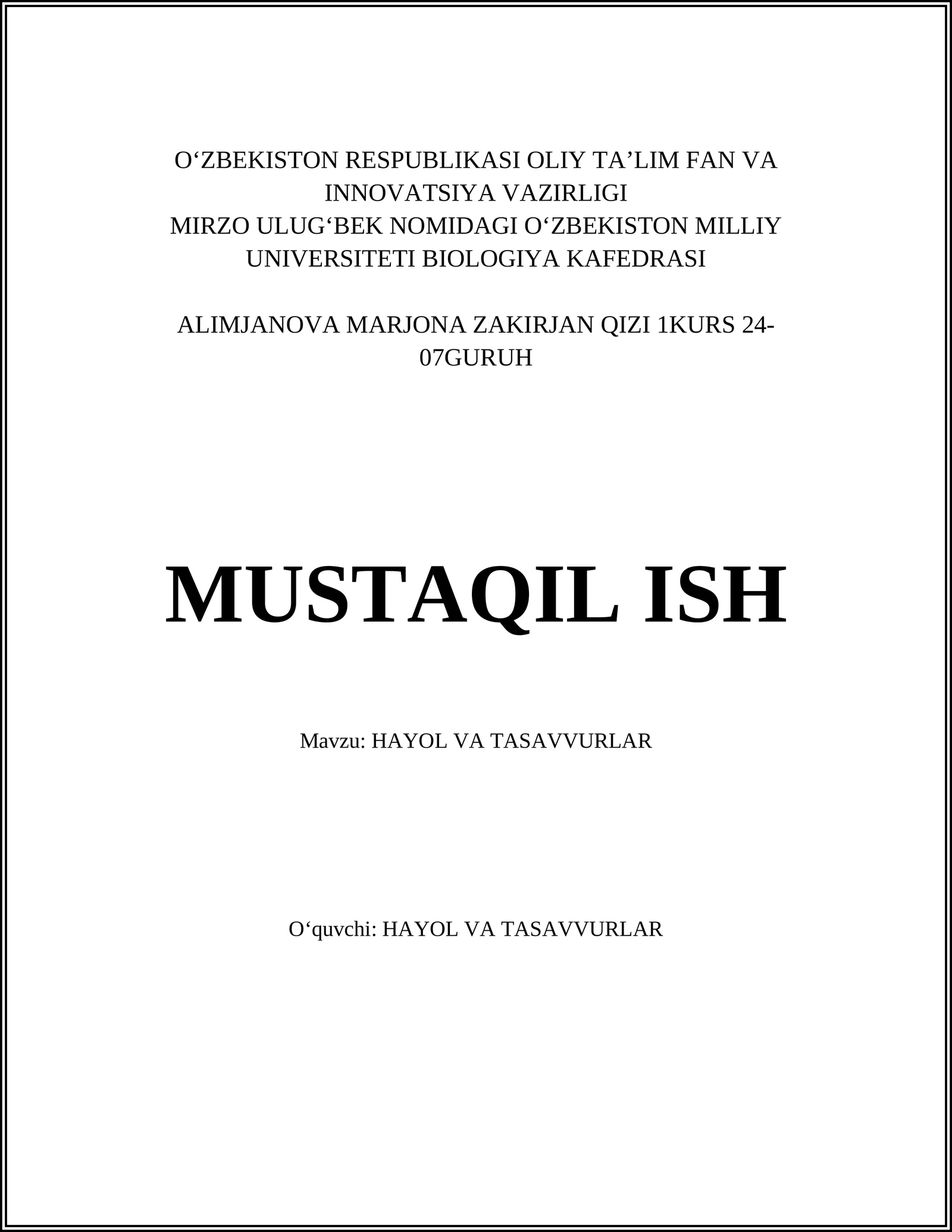 HAYOL VA TASAVVURLAR